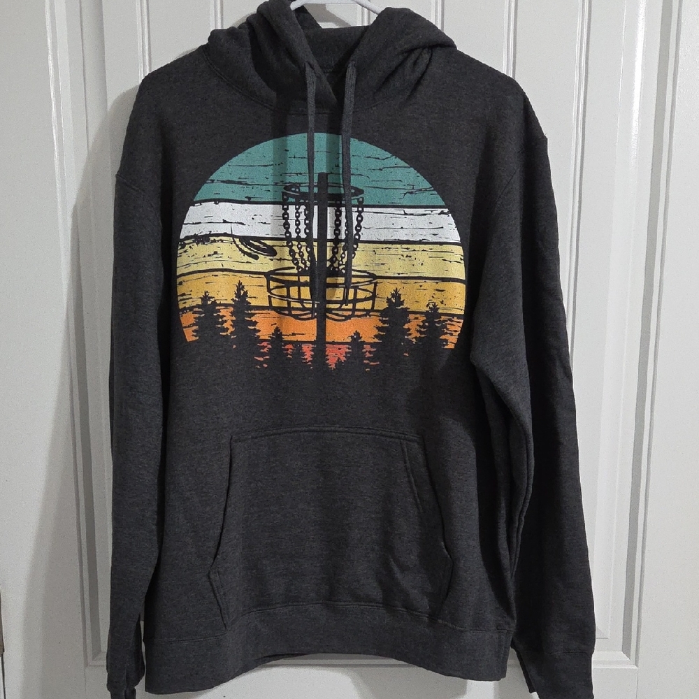 Disc Golf Graphic Sweatshirt Hoodie Mens Dark Gray Heather Size Large NWOT